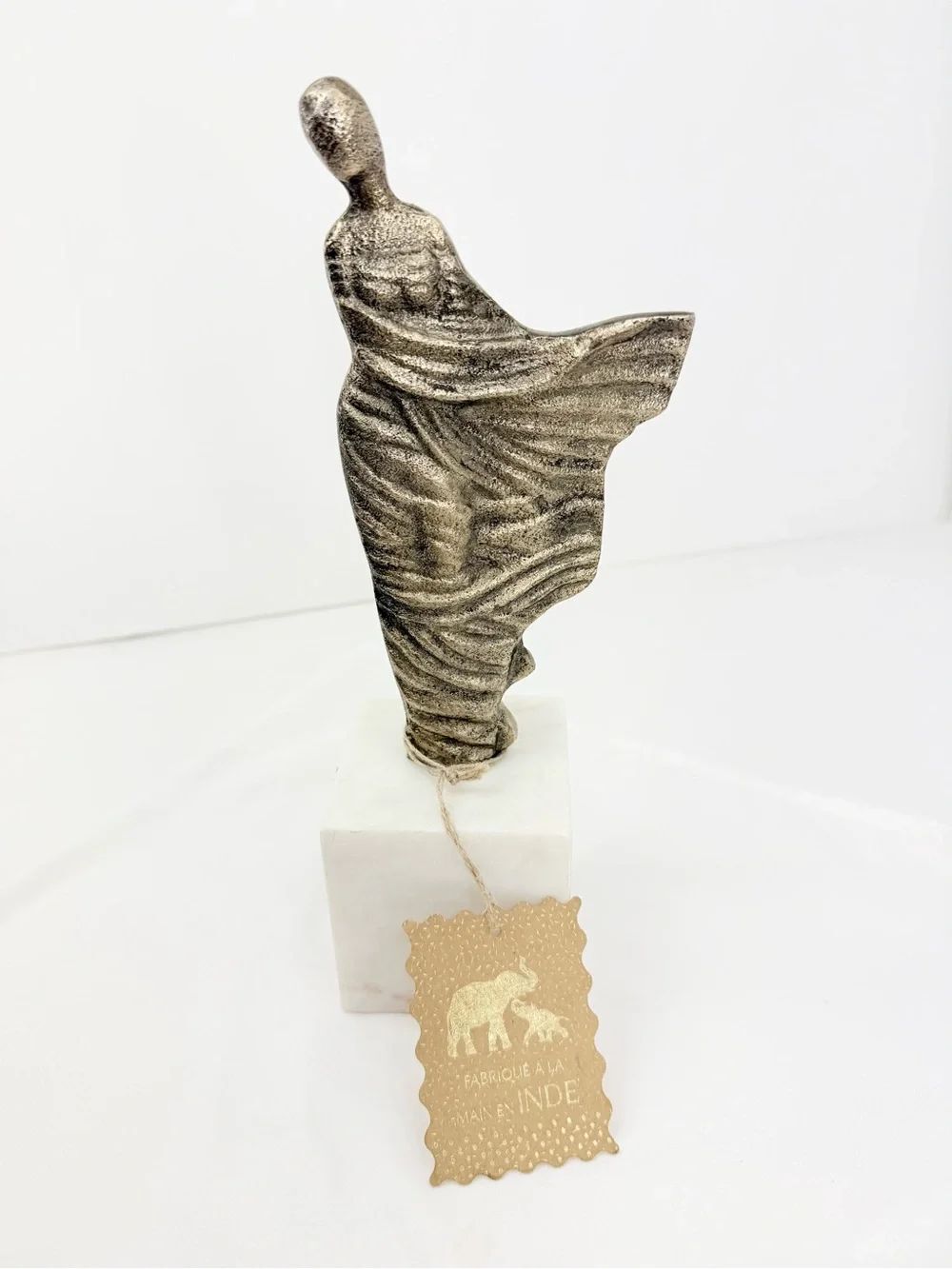 Blowing Wind Woman Metallic Sculpture on Square Marble Base Made in India NEW